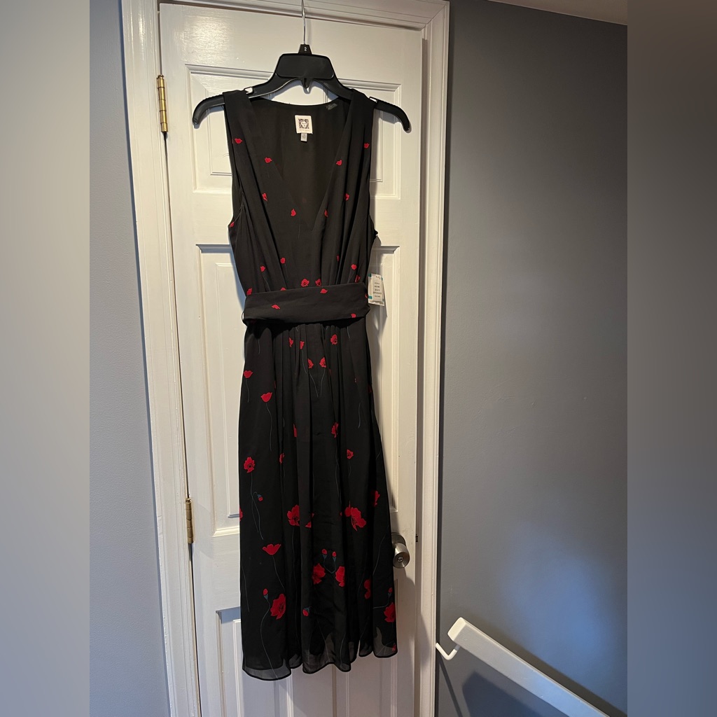 New Women’s Anne Klein Black Flowy Dress With Red Flowers Sz 16